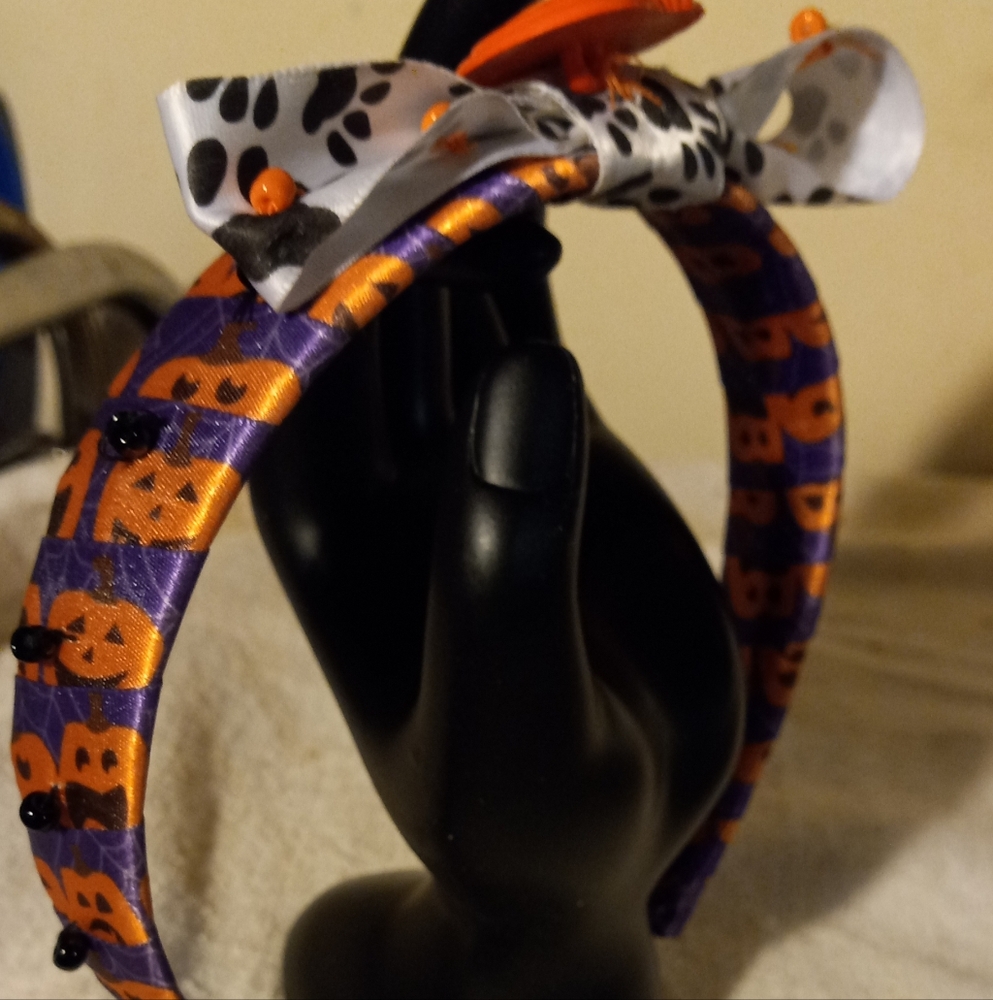 New,handmade ribbon purple&orange pumpkin Halloween headband with ribbon bow top